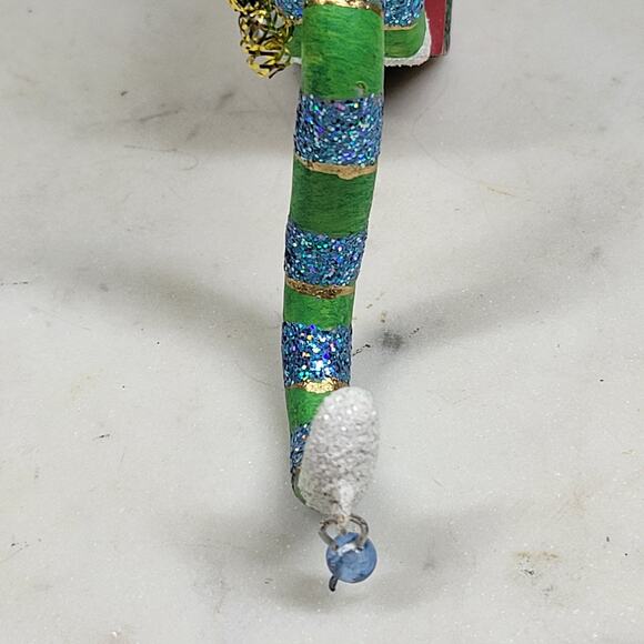 Vtg Cat Christmas Ornament 6.5" Green Glitter Striped Angel Wings Holiday Decor - Picture 15 of 15